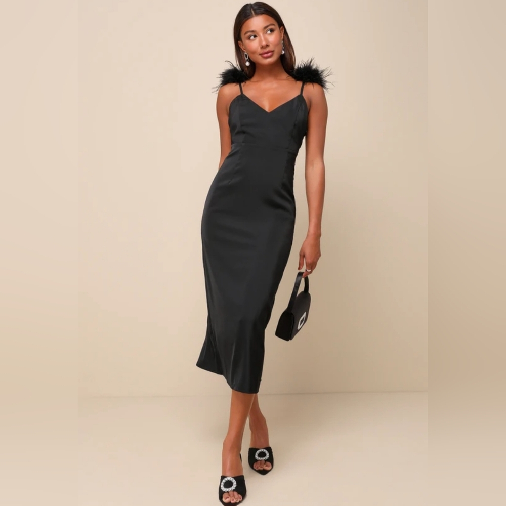 Lulus Exquisite Invite Black Satin Feather Backless Midi Dress Womens Size Small